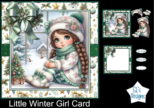 Cute Winter Girl by the Window – Big Eyes, Hat and Scarf, Snowy Scene, Soft Light & Cheerful Illustration