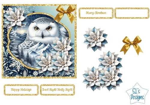 Snowy Owl with White Flowers and Golden Ribbons – Elegant Winter Bird Illustration on White Background