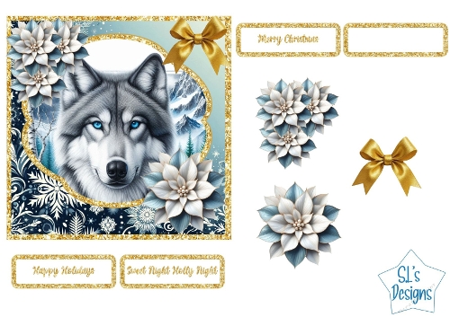 Winter Wolf with Poinsettias and Snowflakes – Elegant Golden Bow Christmas Design on Light Blue Background