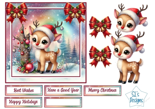 Cute Baby Reindeer Watercolor Christmas Card – Santa Hat, Red Bow, Snowy Forest Scene, Whimsical Winter Art