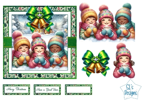 Watercolor Winter Children Scene – Kids with Hats, Green Bows and Golden Bells, Festive Christmas Landscape