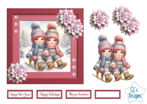 Cute Winter Kids on Sled Card Topper | Christmas, New Year, or Holiday Card Front | Printable Craft