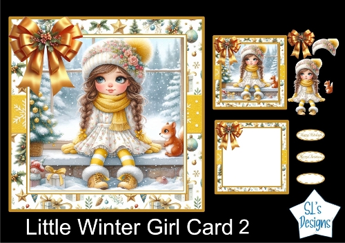 Little Winter Girl Card Topper 2 | Cute Christmas Printable Card Front | Festive Gold & White Holiday Craft Sheet
