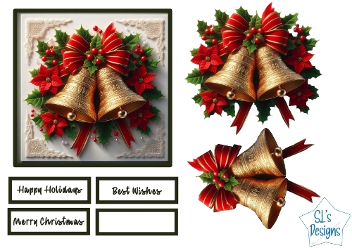 Golden Christmas Bells Card Topper | Elegant Festive Printable Card Front | Red Bow & Poinsettia Holiday Craft Sheet