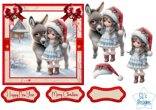 Cute Little Girl and Donkey Christmas Card Topper & Inserts | Winter Scene | Printable Decoupage Sheet