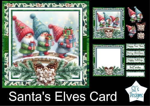 Santas Elves Christmas Card Kit | Cute Gnome Gift Scene | Festive Printable Card with Sentiments