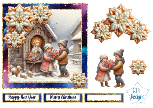 Vintage Christmas Children & Winter Flowers Card Kit | Festive Nativity Scene & Bouquet | Printable Holiday Greeting
