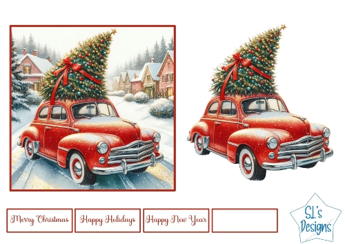 Vintage Red Car with Christmas Tree Card Front & Toppers – Festive Winter Printable Kit