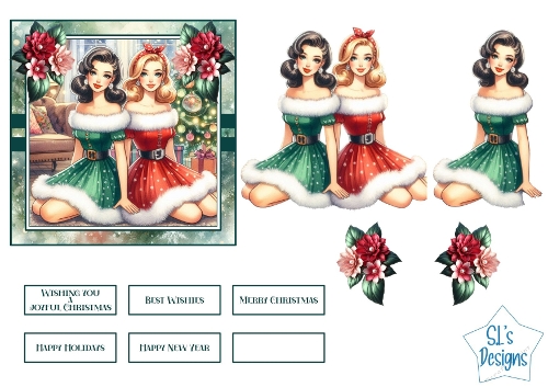 Vintage Christmas Card Topper Kit | Retro Holiday Ladies | Printable Festive Cardmaking Set