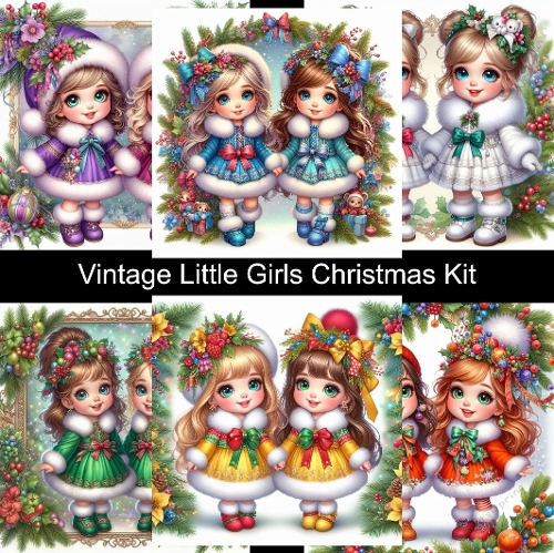Vintage Little Girls Christmas Clipart Set – Cute Retro Holiday Girls, Winter Outfits, Festive Illustrations for Cards and Crafts