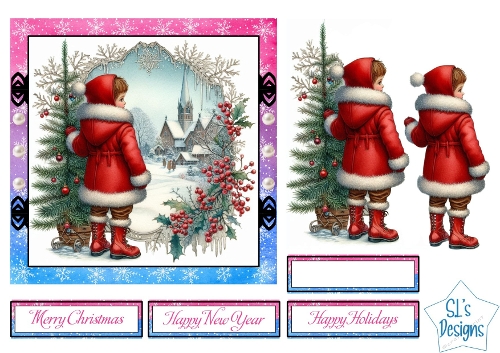 Vintage Little Boy in the Snow Card Kit – Winter Scene, Christmas Printable, Retro Holiday Cardmaking Set
