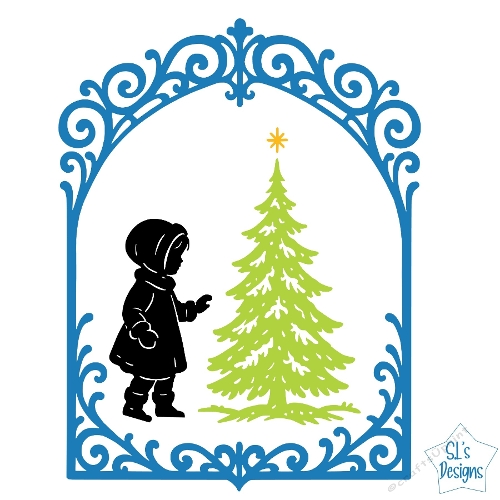 Vintage Silhouette Christmas Scene – Little Girl with Christmas Tree Decorative Frame