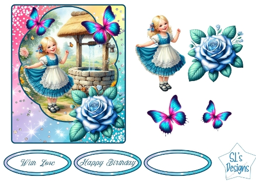 Whimsical Girl at the Wishing Well Card Topper – Blue Roses & Butterflies