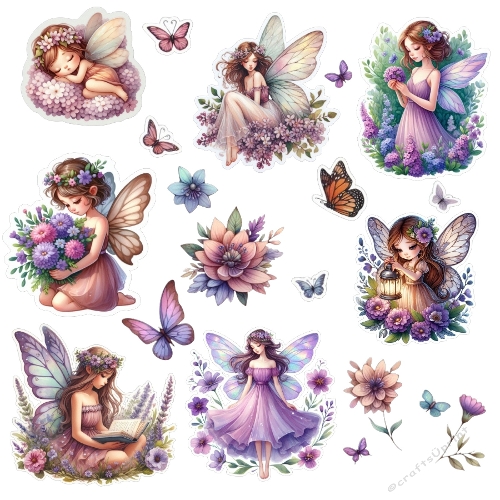 Watercolor Fairy Stickers Bundle – 12 Pastel Purple Floral Fantasy Fairies, Cute Printable Clipart, Scrapbooking & Cardmaking Kit
