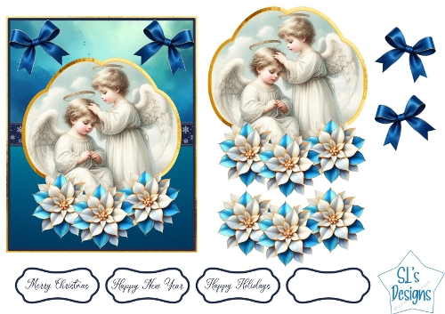 Elegant Christmas Angels Card Front with Blue Poinsettias and Bows – Printable Religious Christmas Craft Sheet