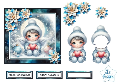 Cute Winter Angel Card Front with Heart and Blue Poinsettias – Printable Christmas Craft Sheet