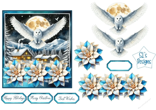   Winter Owl Moonlight Card Topper with Blue Florals, Log Cabin Scene & Sentiment Labels