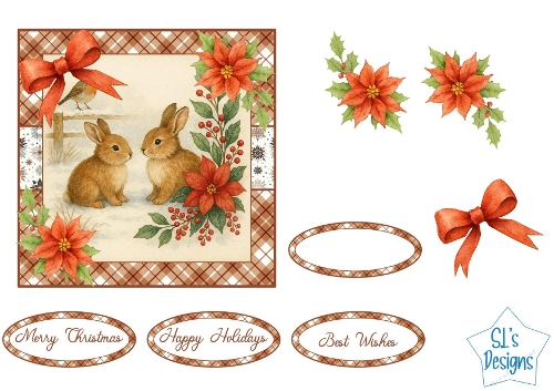 Christmas Bunnies & Poinsettia Card Front – Winter Rabbits, Festive Florals & Sentiment Toppers