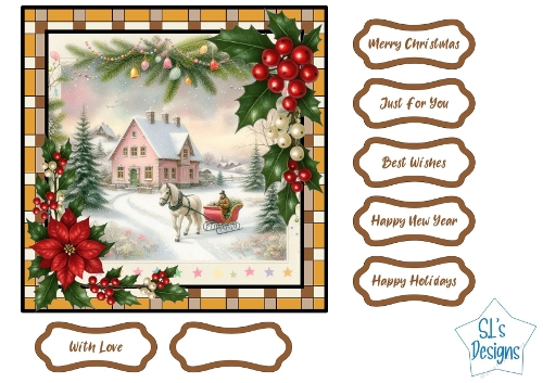 Country Christmas Horse Sleigh Card Front with Sentiment Labels – Winter Cottage Printable