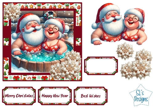 Cute Santa & Mrs. Claus Hot Tub Christmas Card Front with Labels & Toppers