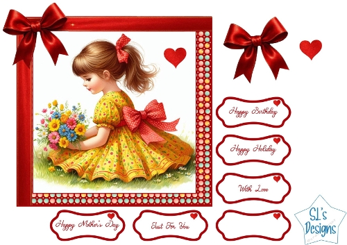 Sweet Little Girl with Flowers Card Front with Bows, Sentiments & Toppers**