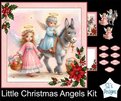 Little Christmas Angels Card Front & Toppers Kit with Donkey, Poinsettias & Sentiments