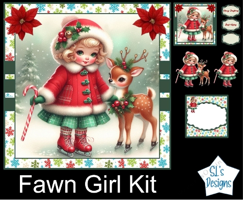 Vintage Christmas Fawn Girl Card Making Kit – Cute Winter Girl & Deer, Printable Craft Sheet