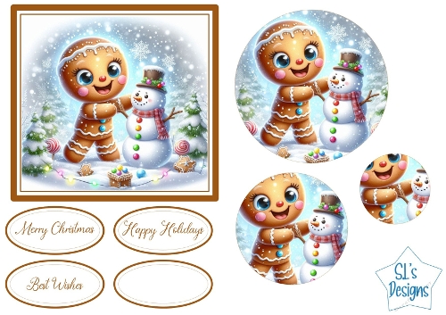 Cute Gingerbread Girl and Snowman Christmas Card Front & Toppers