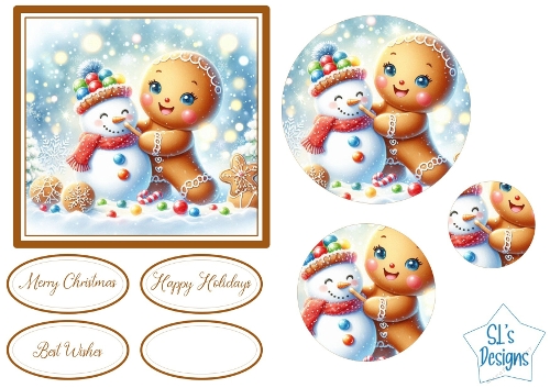 Sweet Gingerbread Girl and Snowman Christmas Card Front & Toppers