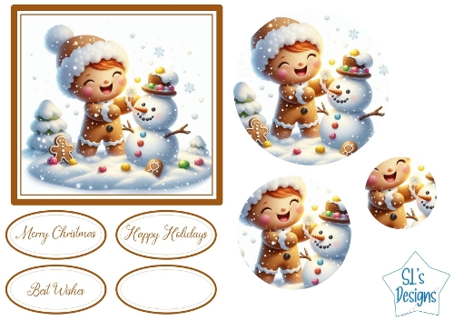 Adorable Gingerbread Child and Snowman Christmas Card Front & Toppers