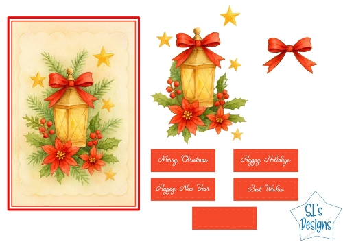 Elegant Christmas Lantern with Poinsettias Card Front & Toppers