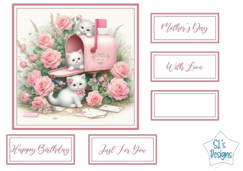 Cute White Kittens in Pink Mailbox Card Front with Floral Sentiments