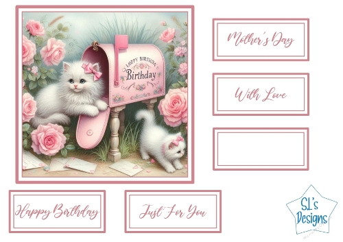 Adorable White Kittens in Pink Birthday Mailbox Card Front with Sentiments