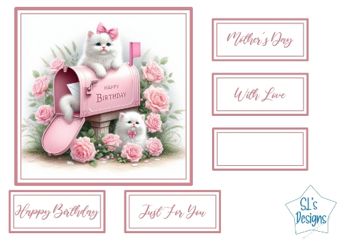 Cute White Kittens in Pink Birthday Mailbox Card Front with Floral Sentiments