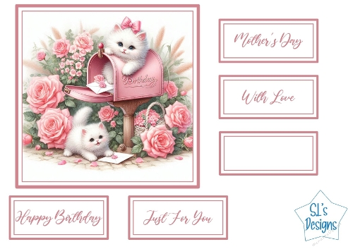 Cute White Kittens in Pink Birthday Mailbox Card Front with Roses & Sentiments