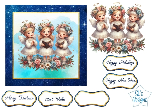 Vintage Christmas Angel Choir Card Front & Sentiment Labels – Printable Holiday Craft Sheet  Description (English)