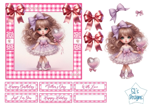 Cute Pink Gingham Doll Card Front & Toppers – Bow Embellishments, Sentiments & Heart Balloon – Printable Craft Sheet