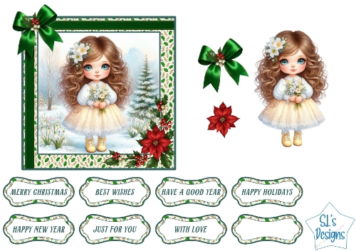 Little Winter Girl Cardmaking Set with Floral Accents and Festive Labels – Christmas & New Year Craft Sheet
