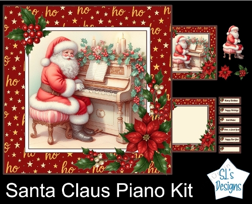Santa Claus at the Piano Cardmaking Kit – Festive Christmas Topper with Holly, Poinsettias & Sentiments