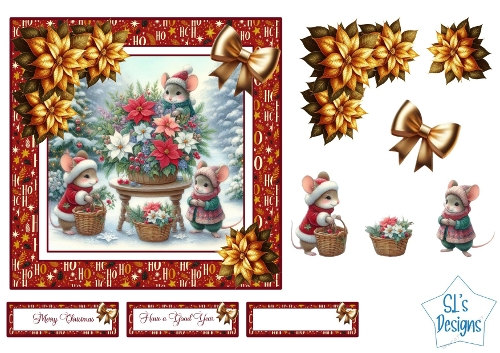 Little Christmas Mice Card Front & Clipart Set – Cute Winter Mice, Poinsettias & Festive Elements