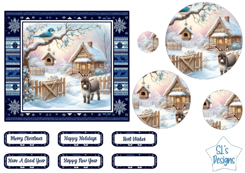 Winter Donkey Cottage Card Front & Toppers – Snowy Scene with Bird, Cozy Cabin & Festive Sentiments