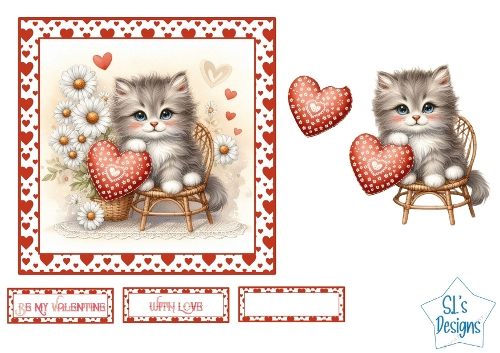 Valentine Kitten Card Front & Toppers – Cute Cat with Heart, Daisies & Love Sentiments