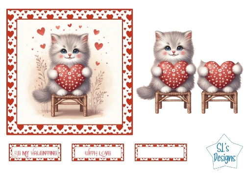 Cute Valentine Kitten Card Front & Toppers – Fluffy Cat Holding Heart with Love Sentiments