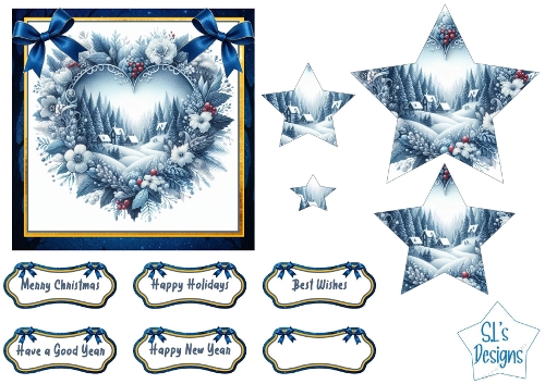 Enchanted Winter Heart and Stars Christmas Card Kit with Sentiments – Blue & White Snow Scene