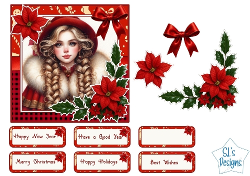 Vintage Christmas Girl and Poinsettia Card Kit – Festive Red Holiday Printable with Sentiments