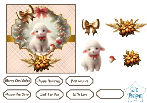 Christmas Lamb Card Kit – Cute Winter Lamb Printable Card with Robin and Gold Accents