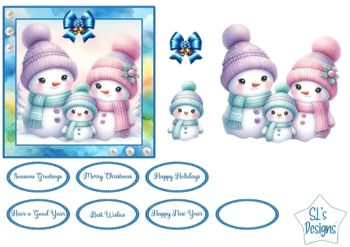 Adorable Snowman Family Christmas Card Topper & Sentiments – Cute Winter Snow Family Printable