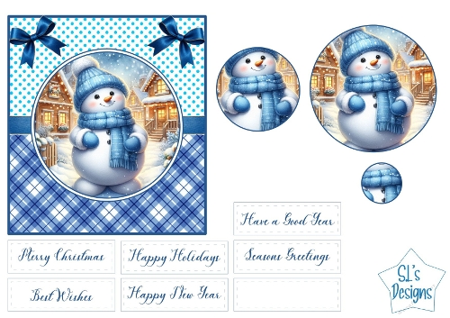 Cute Blue Snowman Winter Card Front & Toppers – Christmas & New Year Printable Craft Sheet