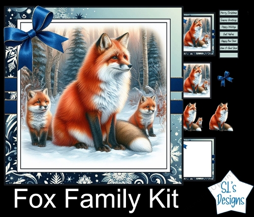 Fox Family Winter Card Making Kit – Cute Red Foxes in Snow Scene with Blue Ribbon Frame for Christmas or Winter Crafts