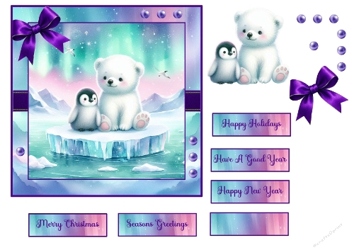 Baby Polar Bear and Penguin Winter Card Kit – Aurora Borealis Background, Cute Animal Printable for Christmas or Winter Crafts